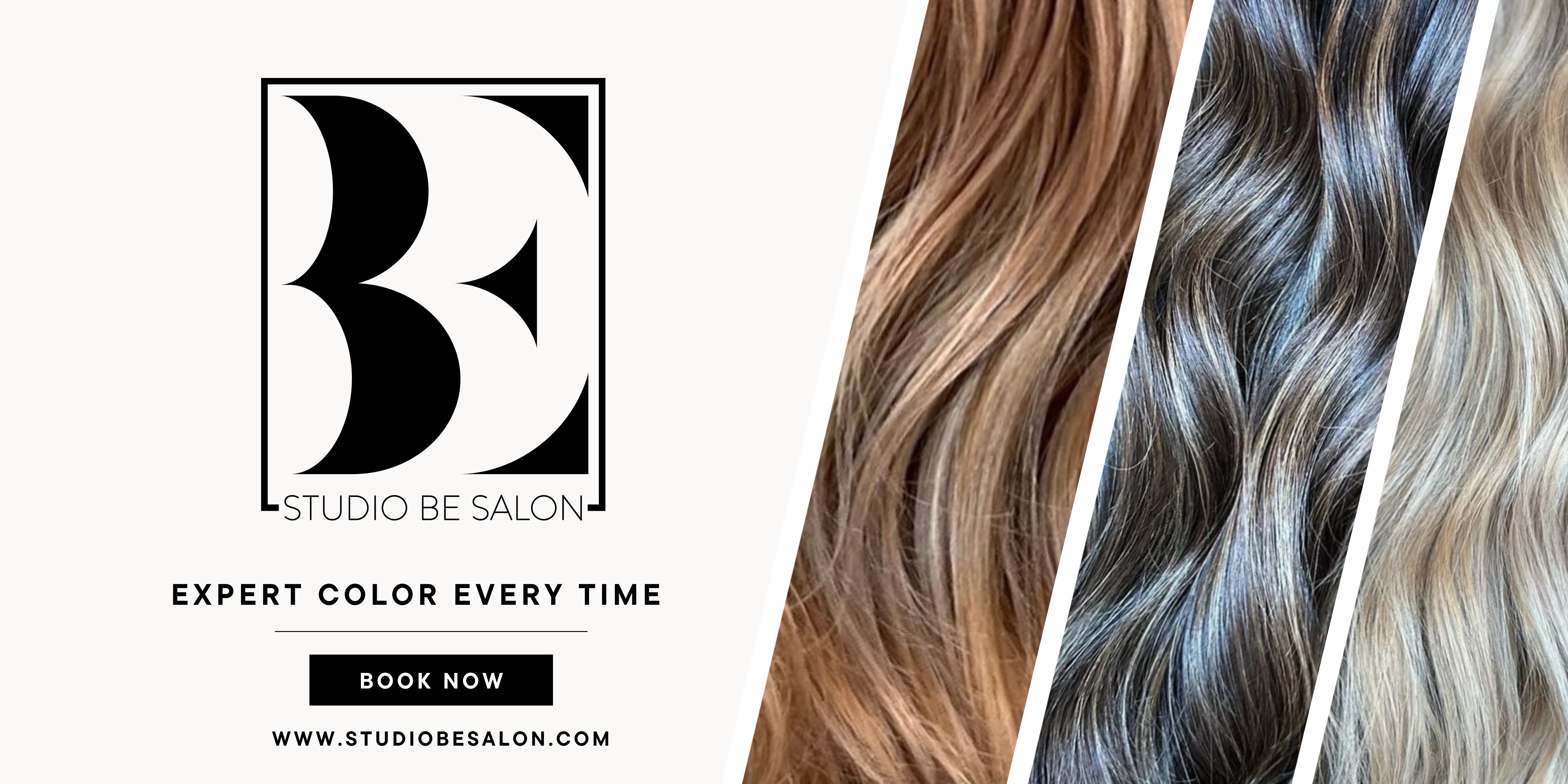 email banner showing three different hair color tones and Studio Be Salon Logo